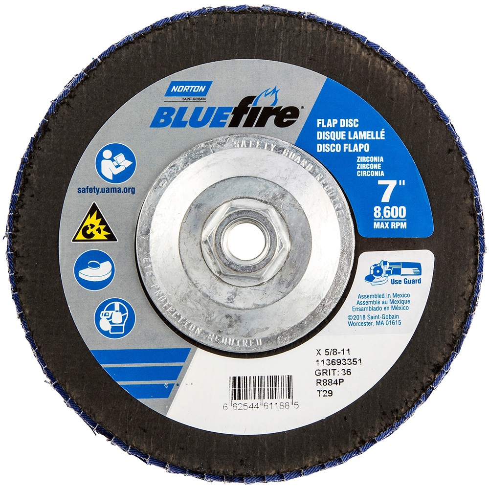 Flap Disc: 5/8-11 Hole, 36 Grit, Zirconi